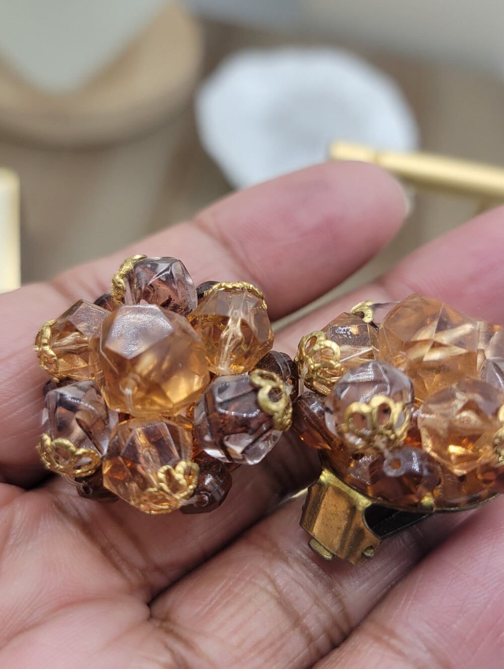 Vintage 60s Mod Button Earrings •  Topaz & Goldtone • Clip On